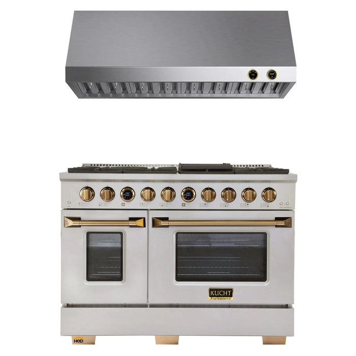 Kucht 2-Piece Appliance Package - 48-Inch Propane Gas Range with 6.7 Cu. Ft. Oven & Under Cabinet Range Hood in Stainless Steel with Gold Accents