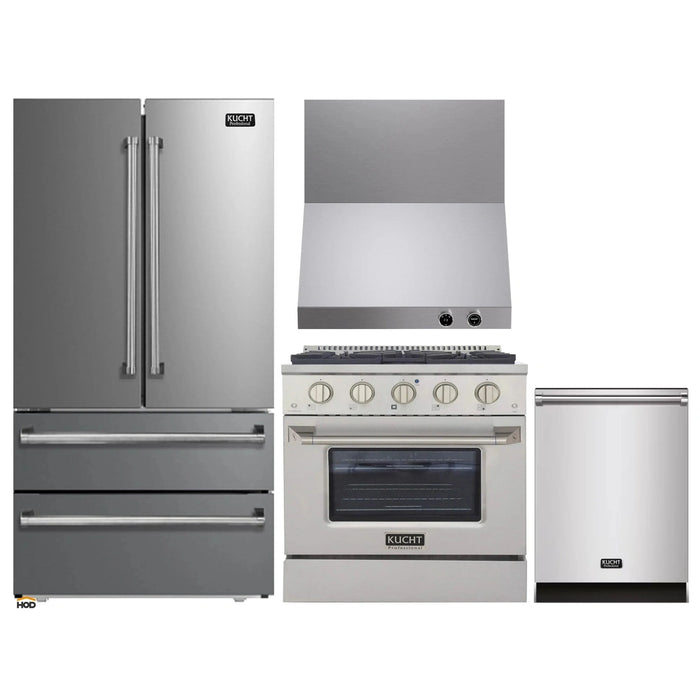 Kucht 4-Piece Appliance Package - 30-Inch Dual Fuel Range in Natural Gas, 36-Inch Refrigerator, Dishwasher & Wall Mount Range Hood in Stainless Steel