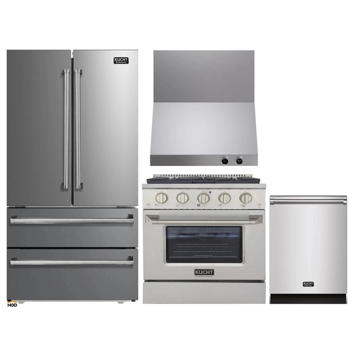 Kucht 4-Piece Appliance Package - 30-Inch Dual Fuel Range in Propane Gas, 36-Inch Refrigerator, Dishwasher & Wall Mount Range Hood in Stainless Steel