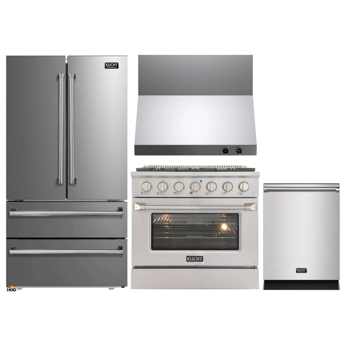 Kucht 4-Piece Appliance Package - 36-Inch Dual Fuel Range in Natural Gas, 36-Inch Refrigerator, Dishwasher & Wall Mount Range Hood in Stainless Steel