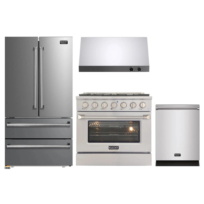 Kucht 4-Piece Appliance Package - 36-Inch Dual Fuel Range in Natural Gas, 36-Inch Refrigerator, Dishwasher & Under Cabinet Range Hood in Stainless Steel