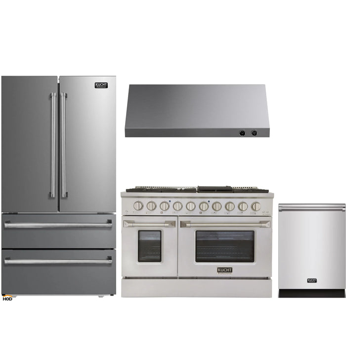 Kucht 4-Piece Appliance Package - 48-Inch Dual Fuel Range in Natural Gas, 36-Inch Refrigerator, Dishwasher & Under Cabinet Range Hood in Stainless Steel