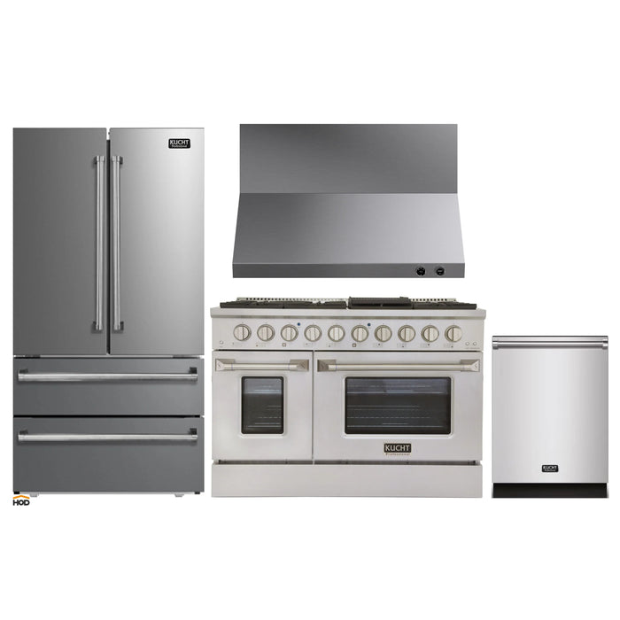 Kucht 4-Piece Appliance Package - 48-Inch Dual Fuel Range in Propane Gas, 36-Inch Refrigerator, Dishwasher & Wall Mount Range Hood in Stainless Steel