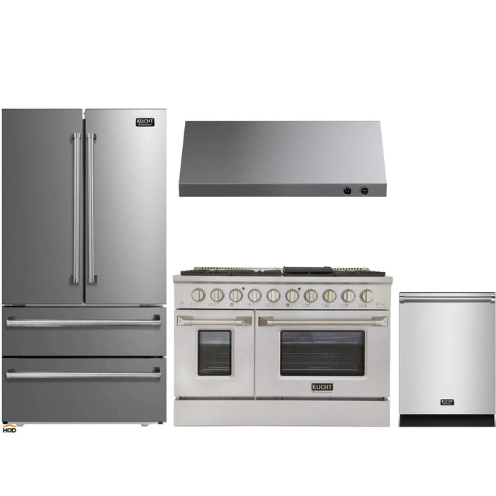 Kucht 4-Piece Appliance Package - 48-Inch Dual Fuel Range in Propane Gas, 36-Inch Refrigerator, Dishwasher & Under Cabinet Range Hood in Stainless Steel