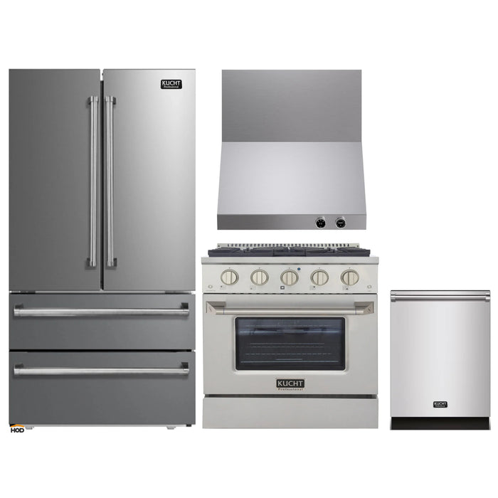 Kucht 4-Piece Appliance Package - 30-Inch Natural Gas Range with 4.2 Cu. Ft. Oven, 36-Inch Refrigerator, Dishwasher & Wall Mount Range Hood in Stainless Steel