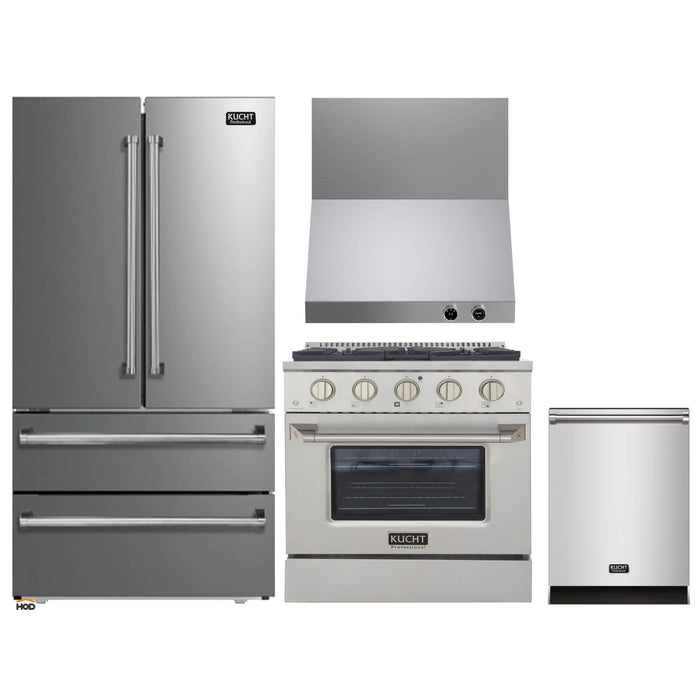 Kucht 4-Piece Appliance Package - 30-Inch Propane Gas Range with 4.2 Cu. Ft. Oven, 36-Inch Refrigerator, Dishwasher & Wall Mount Range Hood in Stainless Steel