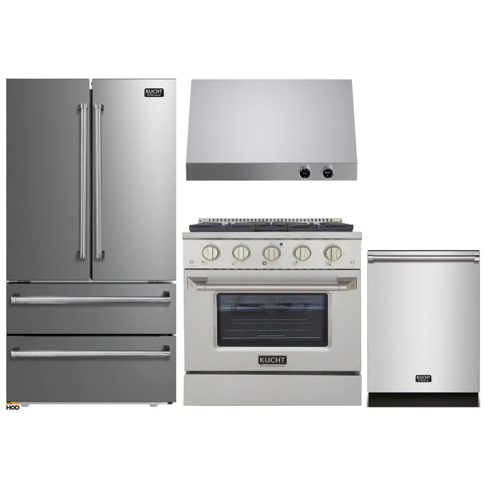 Kucht 4-Piece Appliance Package - 30-Inch Propane Gas Range with 4.2 Cu. Ft. Oven, 36-Inch Refrigerator, Dishwasher & Under Cabinet Range Hood in Stainless Steel
