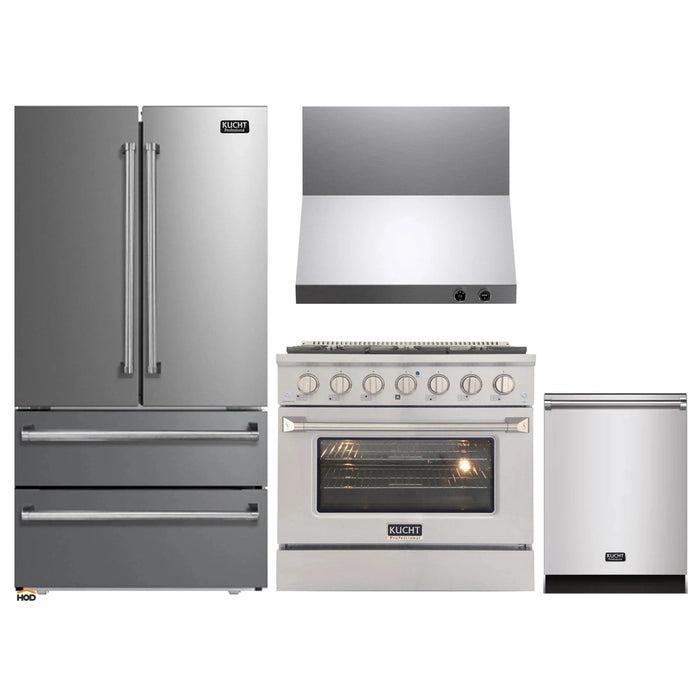Kucht 4-Piece Appliance Package - 36-Inch Natural Gas Range with 5.2 Cu. Ft. Oven, 36-Inch Refrigerator, Dishwasher & Wall Mount Range Hood in Stainless Steel
