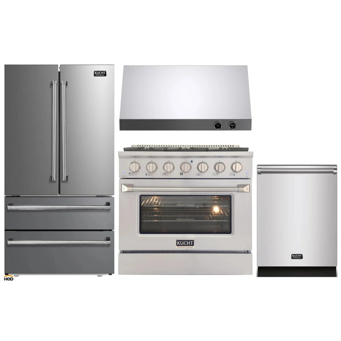 Kucht 4-Piece Appliance Package - 36-Inch Propane Gas Range with 5.2 Cu. Ft. Oven, 36-Inch Refrigerator, Dishwasher & Under Cabinet Range Hood in Stainless Steel