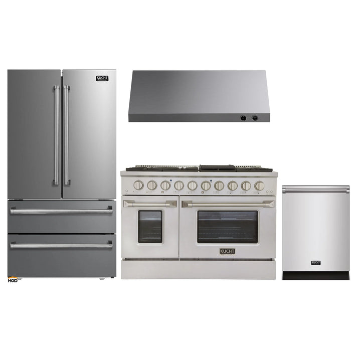 Kucht 4-Piece Appliance Package - 48-Inch Natural Gas Range with 6.7 Cu. Ft. Oven, 36-Inch Refrigerator, Dishwasher & Under Cabinet Range Hood in Stainless Steel