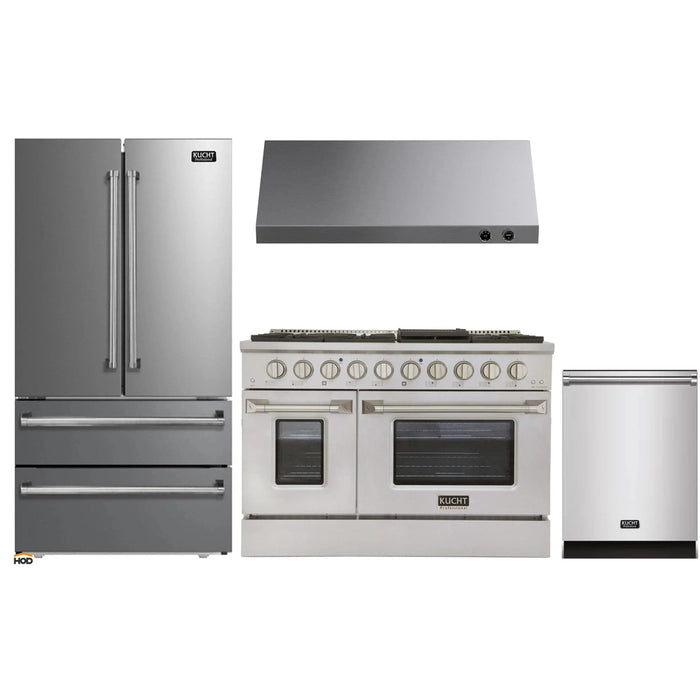 Kucht 4-Piece Appliance Package - 48-Inch Propane Gas Range with 6.7 Cu. Ft. Oven, 36-Inch Refrigerator, Dishwasher & Under Cabinet Range Hood in Stainless Steel
