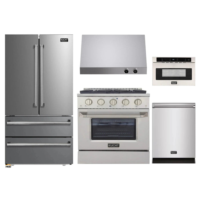 Kucht 5-Piece Appliance Package - 30-Inch Dual Fuel Range in Natural Gas, 36-Inch Refrigerator, Dishwasher, Under Cabinet Range & Microwave Drawer in Stainless Steel