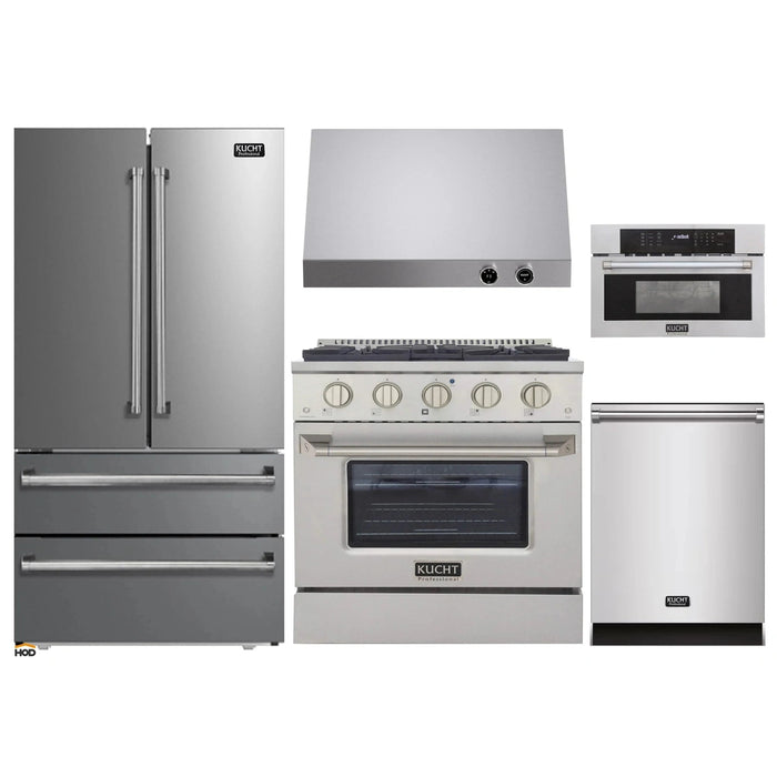 Kucht 5-Piece Appliance Package - 30-Inch Dual Fuel Range in Natural Gas, 36-Inch Refrigerator, Dishwasher, Microwave Wall Oven & Under Cabinet Range Hood in Stainless Steel