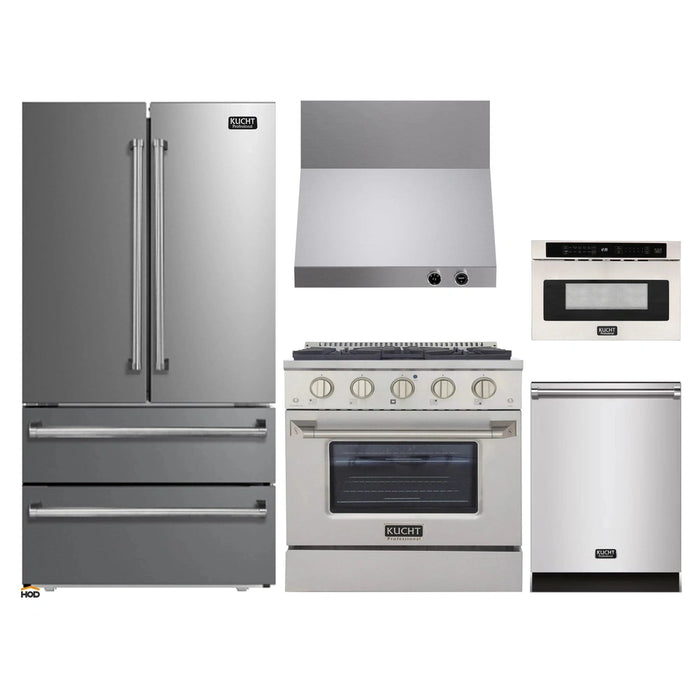 Kucht 5-Piece Appliance Package - 30-Inch Dual Fuel Range in Natural Gas, 36-Inch Refrigerator, Dishwasher, Wall Mount Range Hood & Microwave Drawer in Stainless Steel