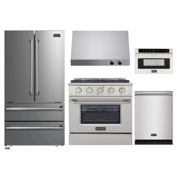 Kucht 5-Piece Appliance Package - 30-Inch Dual Fuel Range in Propane Gas, 36-Inch Refrigerator, Dishwasher, Under Cabinet Range & Microwave Drawer in Stainless Steel
