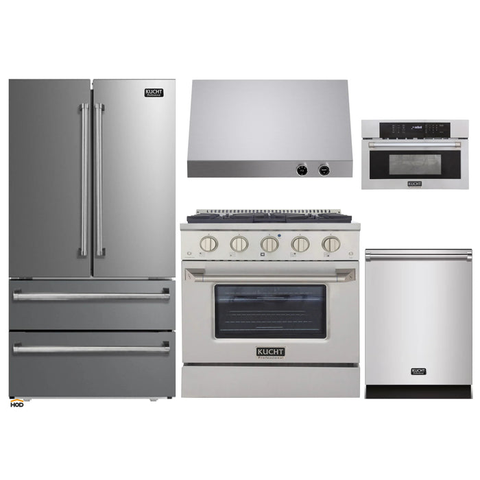 Kucht 5-Piece Appliance Package - 30-Inch Dual Fuel Range in Propane Gas, 36-Inch Refrigerator, Dishwasher, Microwave Wall Oven & Under Cabinet Range Hood in Stainless Steel
