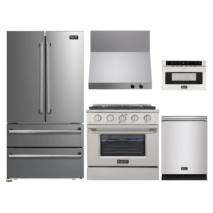 Kucht 5-Piece Appliance Package - 30-Inch Dual Fuel Range in Propane Gas, 36-Inch Refrigerator, Dishwasher, Wall Mount Range Hood & Microwave Drawer in Stainless Steel