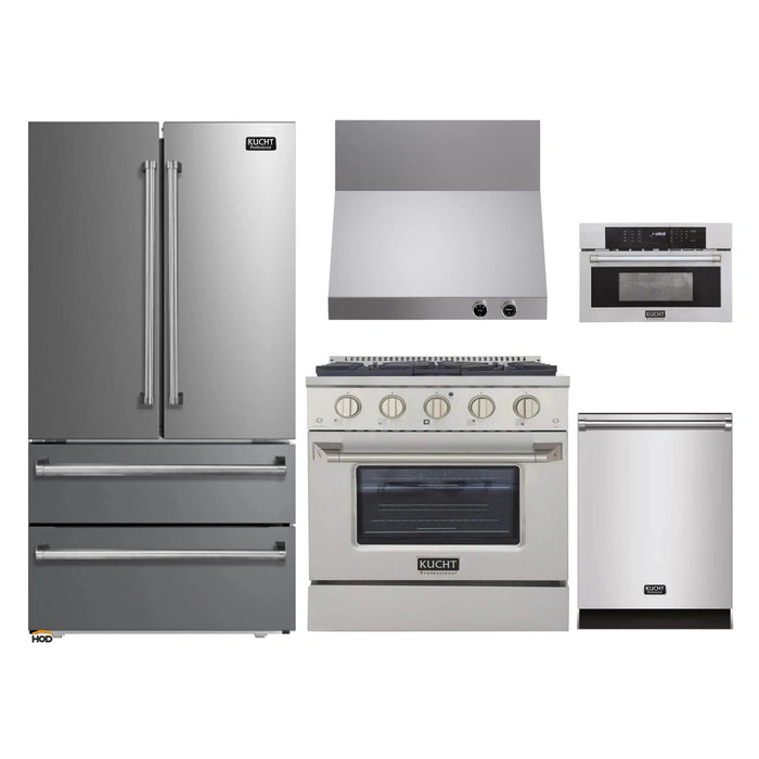 Kucht 5-Piece Appliance Package - 30-Inch Dual Fuel Range in Propane Gas, 36-Inch Refrigerator, Dishwasher, Wall Mount Range Hood, & Microwave Wall Oven in Stainless Steel
