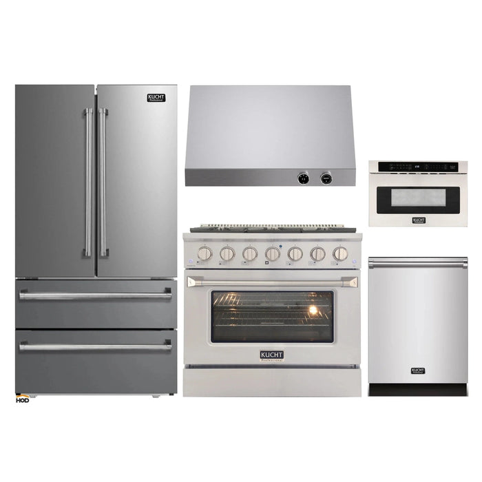 Kucht 5-Piece Appliance Package - 36-Inch Dual Fuel Range in Natural Gas, 36-Inch Refrigerator, Dishwasher, Under Cabinet Range & Microwave Drawer in Stainless Steel