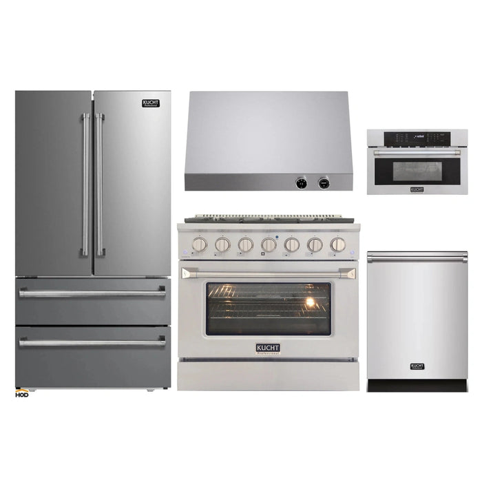 Kucht 5-Piece Appliance Package - 36-Inch Dual Fuel Range in Natural Gas, 36-Inch Refrigerator, Dishwasher, Microwave Wall Oven & Under Cabinet Range Hood in Stainless Steel