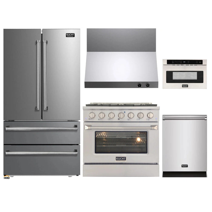 Kucht 5-Piece Appliance Package - 36-Inch Dual Fuel Range in Natural Gas, 36-Inch Refrigerator, Dishwasher, Wall Mount Range Hood & Microwave Drawer in Stainless Steel
