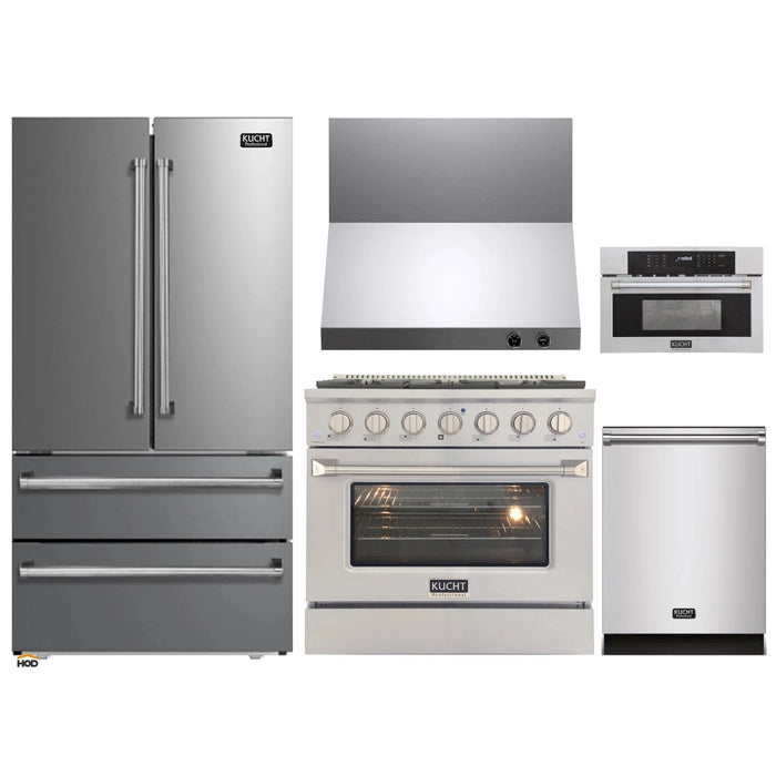 Kucht 5-Piece Appliance Package - 36-Inch Dual Fuel Range in Natural Gas, 36-Inch Refrigerator, Dishwasher, Wall Mount Range Hood, & Microwave Wall Oven in Stainless Steel