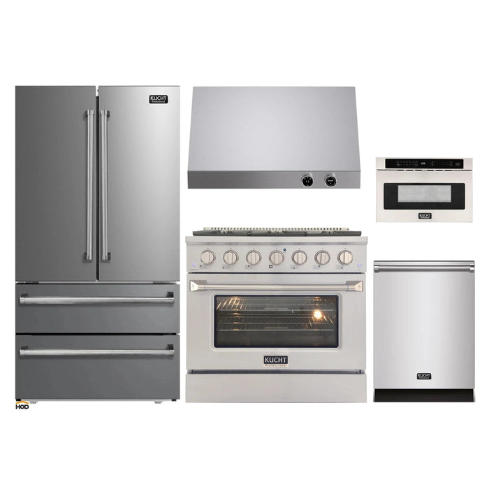 Kucht 5-Piece Appliance Package - 36-Inch Dual Fuel Range in Propane Gas, 36-Inch Refrigerator, Dishwasher, Under Cabinet Range & Microwave Drawer in Stainless Steel