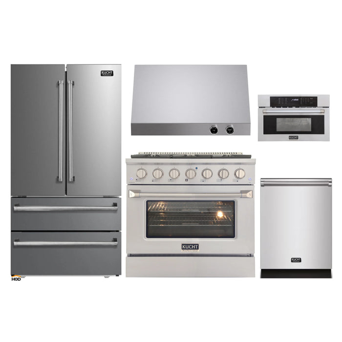 Kucht 5-Piece Appliance Package - 36-Inch Dual Fuel Range in Propane Gas, 36-Inch Refrigerator, Dishwasher, Microwave Wall Oven & Under Cabinet Range Hood in Stainless Steel