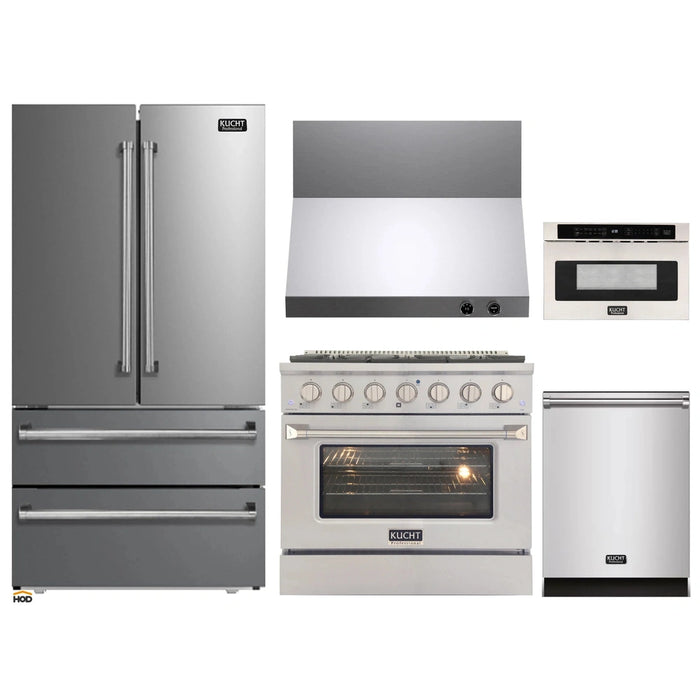 Kucht 5-Piece Appliance Package - 36-Inch Dual Fuel Range in Propane Gas, 36-Inch Refrigerator, Dishwasher, Wall Mount Range Hood & Microwave Drawer in Stainless Steel