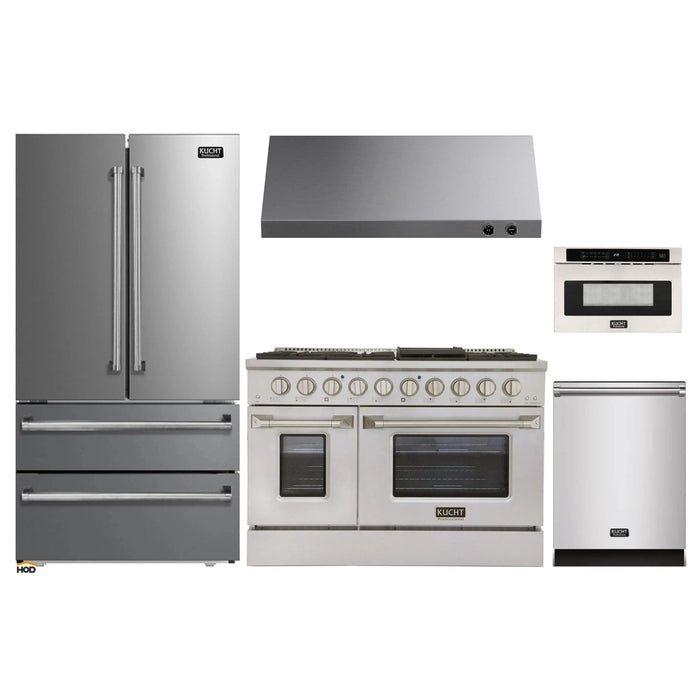 Kucht 5-Piece Appliance Package - 48-Inch Dual Fuel Range in Natural Gas, 36-Inch Refrigerator, Dishwasher, Under Cabinet Range & Microwave Drawer in Stainless Steel