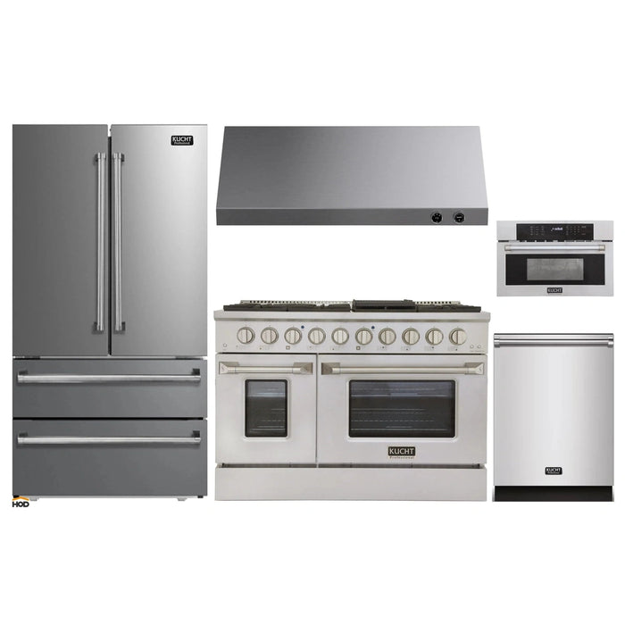 Kucht 5-Piece Appliance Package - 48-Inch Dual Fuel Range in Natural Gas, 36-Inch Refrigerator, Dishwasher, Microwave Wall Oven & Under Cabinet Range Hood in Stainless Steel