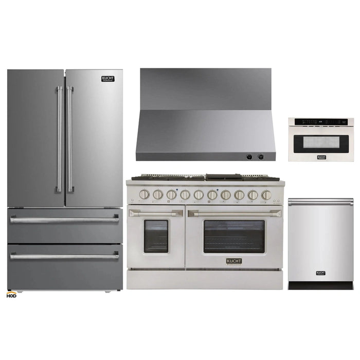 Kucht 5-Piece Appliance Package - 48-Inch Dual Fuel Range in Natural Gas, 36-Inch Refrigerator, Dishwasher, Wall Mount Range Hood & Microwave Drawer in Stainless Steel