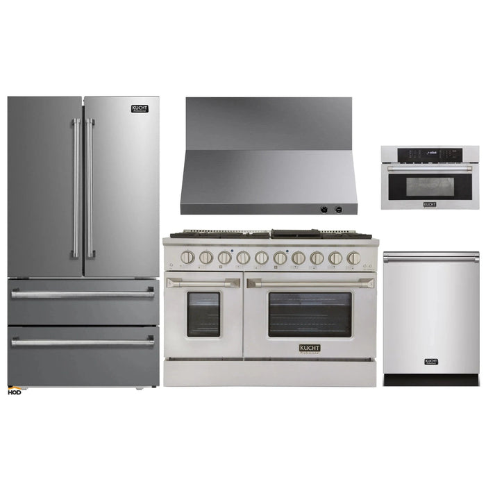 Kucht 5-Piece Appliance Package - 48-Inch Dual Fuel Range in Natural Gas, 36-Inch Refrigerator, Dishwasher, Wall Mount Range Hood, & Microwave Wall Oven in Stainless Steel