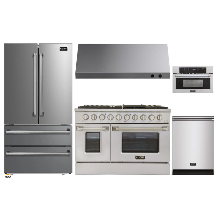 Kucht 5-Piece Appliance Package - 48-Inch Dual Fuel Range in Propane Gas, 36-Inch Refrigerator, Dishwasher, Microwave Wall Oven & Under Cabinet Range Hood in Stainless Steel