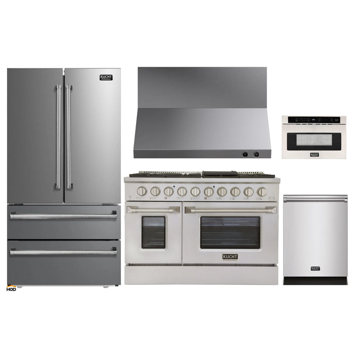 Kucht 5-Piece Appliance Package - 48-Inch Dual Fuel Range in Propane Gas, 36-Inch Refrigerator, Dishwasher, Wall Mount Range Hood & Microwave Drawer in Stainless Steel