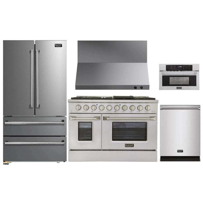 Kucht 5-Piece Appliance Package - 48-Inch Dual Fuel Range in Propane Gas, 36-Inch Refrigerator, Dishwasher, Wall Mount Range Hood, & Microwave Wall Oven in Stainless Steel