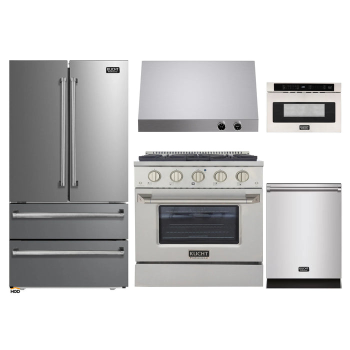 Kucht 5-Piece Appliance Package - 30-Inch Natural Gas Range with 4.2 Cu. Ft. Oven, 36-Inch Refrigerator, Dishwasher, Under Cabinet Range & Microwave Drawer in Stainless Steel