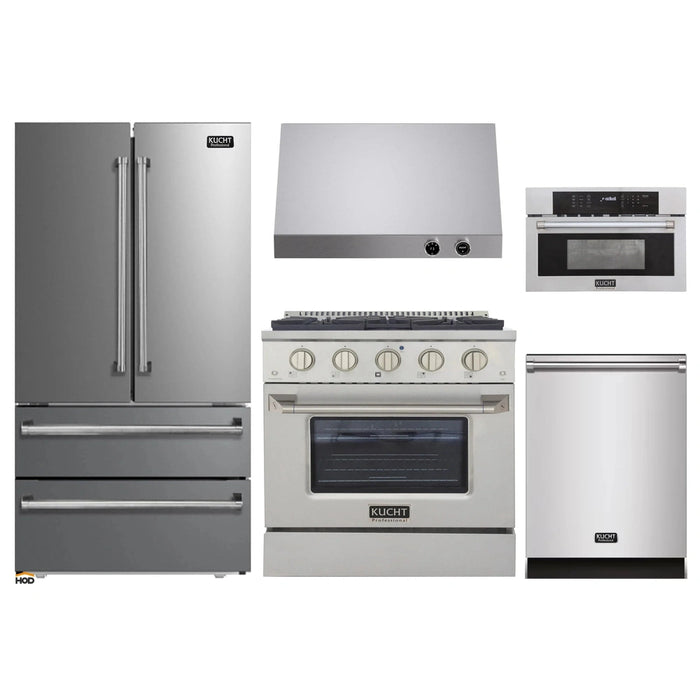 Kucht 5-Piece Appliance Package - 30-Inch Natural Gas Range with 4.2 Cu. Ft. Oven, 36-Inch Refrigerator, Dishwasher, Microwave Wall Oven & Under Cabinet Range Hood in Stainless Steel