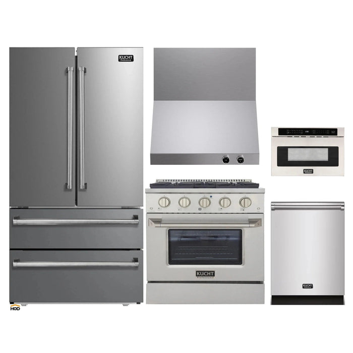 Kucht 5-Piece Appliance Package - 30-Inch Natural Gas Range with 4.2 Cu. Ft. Oven, 36-Inch Refrigerator, Dishwasher, Wall Mount Range Hood & Microwave Drawer in Stainless Steel