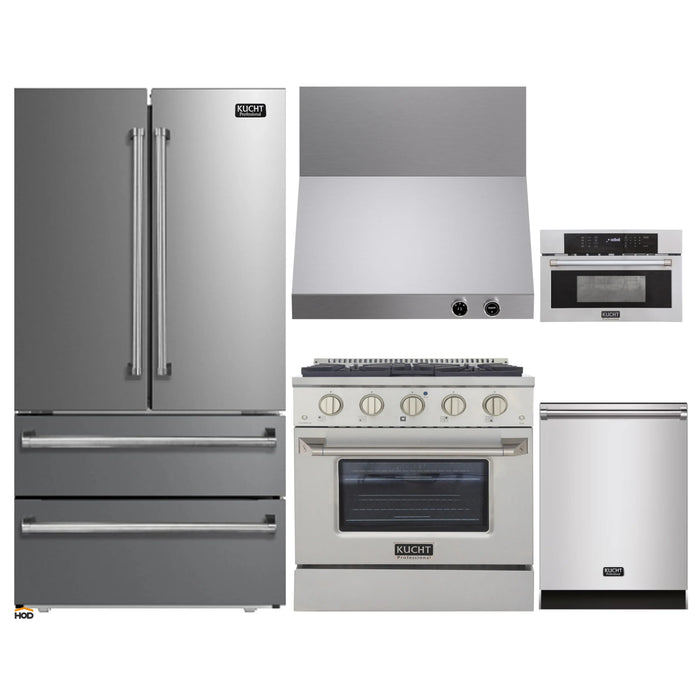 Kucht 5-Piece Appliance Package - 30-Inch Natural Gas Range with 4.2 Cu. Ft. Oven, 36-Inch Refrigerator, Dishwasher, Wall Mount Range Hood, & Microwave Wall Oven in Stainless Steel