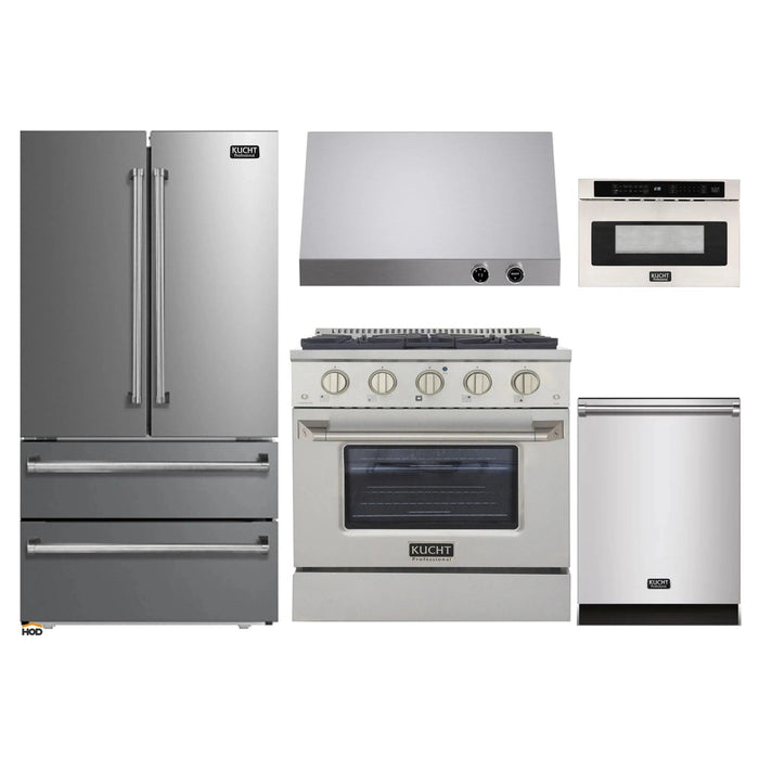 Kucht 5-Piece Appliance Package - 30-Inch Propane Gas Range with 4.2 Cu. Ft. Oven, 36-Inch Refrigerator, Dishwasher, Under Cabinet Range & Microwave Drawer in Stainless Steel
