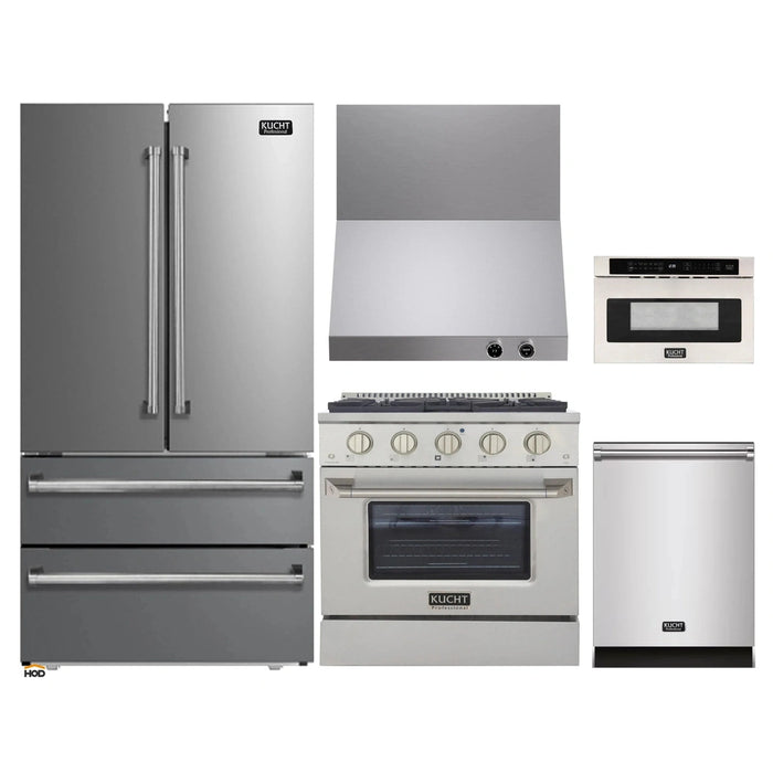 Kucht 5-Piece Appliance Package - 30-Inch Propane Gas Range with 4.2 Cu. Ft. Oven, 36-Inch Refrigerator, Dishwasher, Wall Mount Range Hood & Microwave Drawer in Stainless Steel
