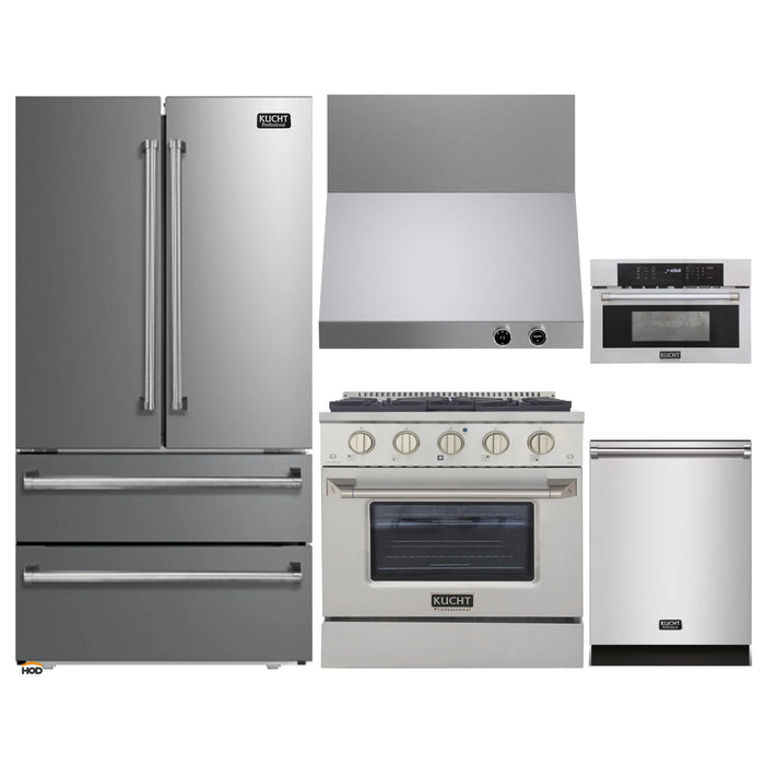 Kucht 5-Piece Appliance Package - 30-Inch Propane Gas Range with 4.2 Cu. Ft. Oven, 36-Inch Refrigerator, Dishwasher, Wall Mount Range Hood, & Microwave Wall Oven in Stainless Steel