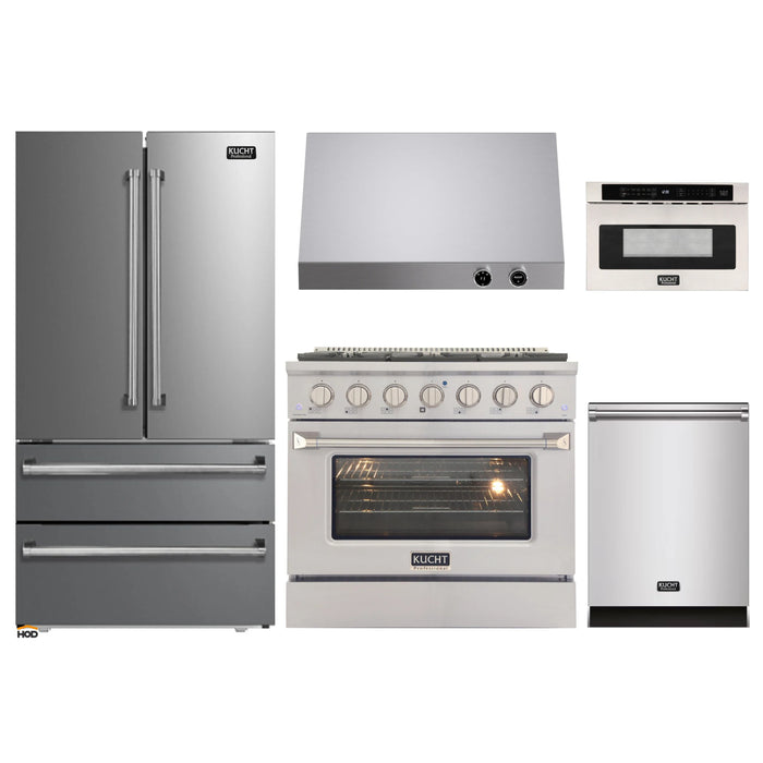 Kucht 5-Piece Appliance Package - 36-Inch Natural Gas Range with 5.2 Cu. Ft. Oven, 36-Inch Refrigerator, Dishwasher, Under Cabinet Range & Microwave Drawer in Stainless Steel