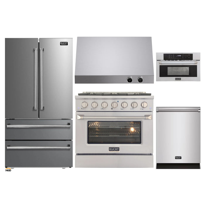 Kucht 5-Piece Appliance Package - 36-Inch Natural Gas Range with 5.2 Cu. Ft. Oven, 36-Inch Refrigerator, Dishwasher, Microwave Wall Oven & Under Cabinet Range Hood in Stainless Steel