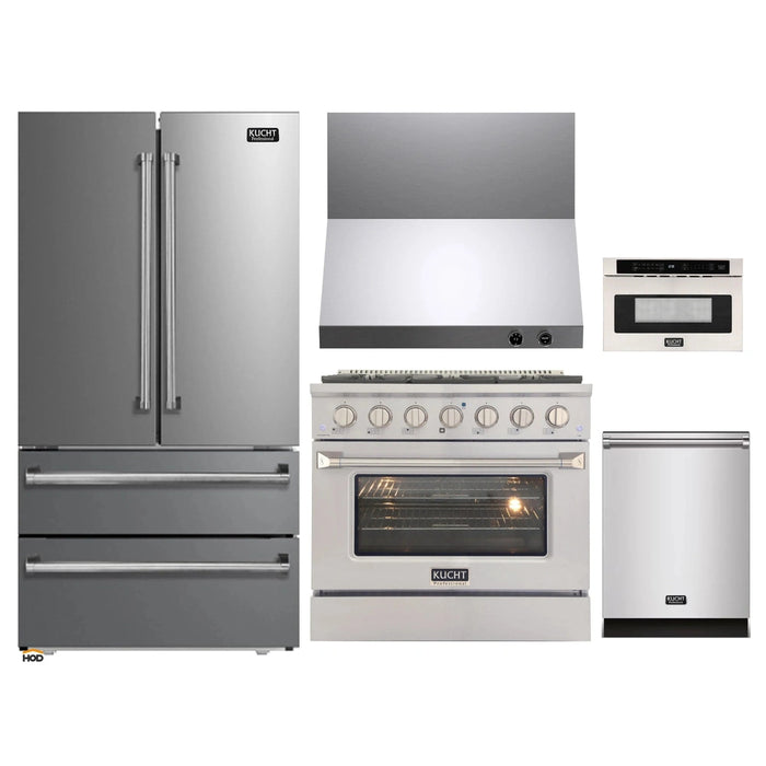 Kucht 5-Piece Appliance Package - 36-Inch Natural Gas Range with 5.2 Cu. Ft. Oven, 36-Inch Refrigerator, Dishwasher, Wall Mount Range Hood & Microwave Drawer in Stainless Steel