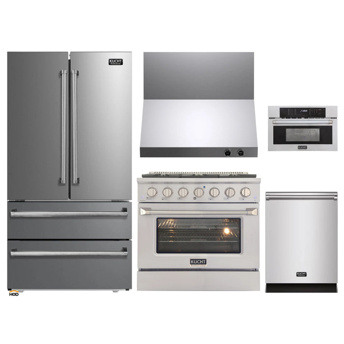 Kucht 5-Piece Appliance Package - 36-Inch Natural Gas Range with 5.2 Cu. Ft. Oven, 36-Inch Refrigerator, Dishwasher, Wall Mount Range Hood, & Microwave Wall Oven in Stainless Steel