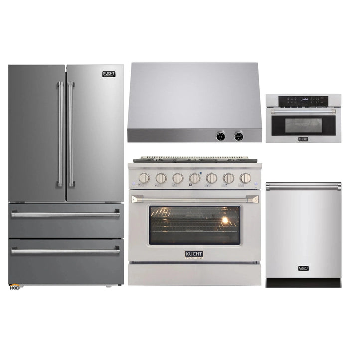 Kucht 5-Piece Appliance Package - 36-Inch Propane Gas Range with 5.2 Cu. Ft. Oven, 36-Inch Refrigerator, Dishwasher, Microwave Wall Oven & Under Cabinet Range Hood in Stainless Steel