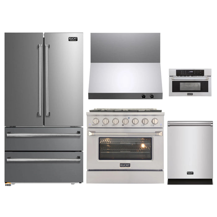 Kucht 5-Piece Appliance Package - 36-Inch Propane Gas Range with 5.2 Cu. Ft. Oven, 36-Inch Refrigerator, Dishwasher, Wall Mount Range Hood, & Microwave Wall Oven in Stainless Steel