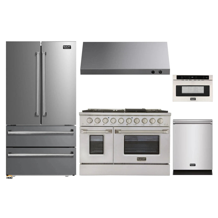 Kucht 5-Piece Appliance Package - 48-Inch Natural Gas Range with 6.7 Cu. Ft. Oven, 36-Inch Refrigerator, Dishwasher, Under Cabinet Range & Microwave Drawer in Stainless Steel